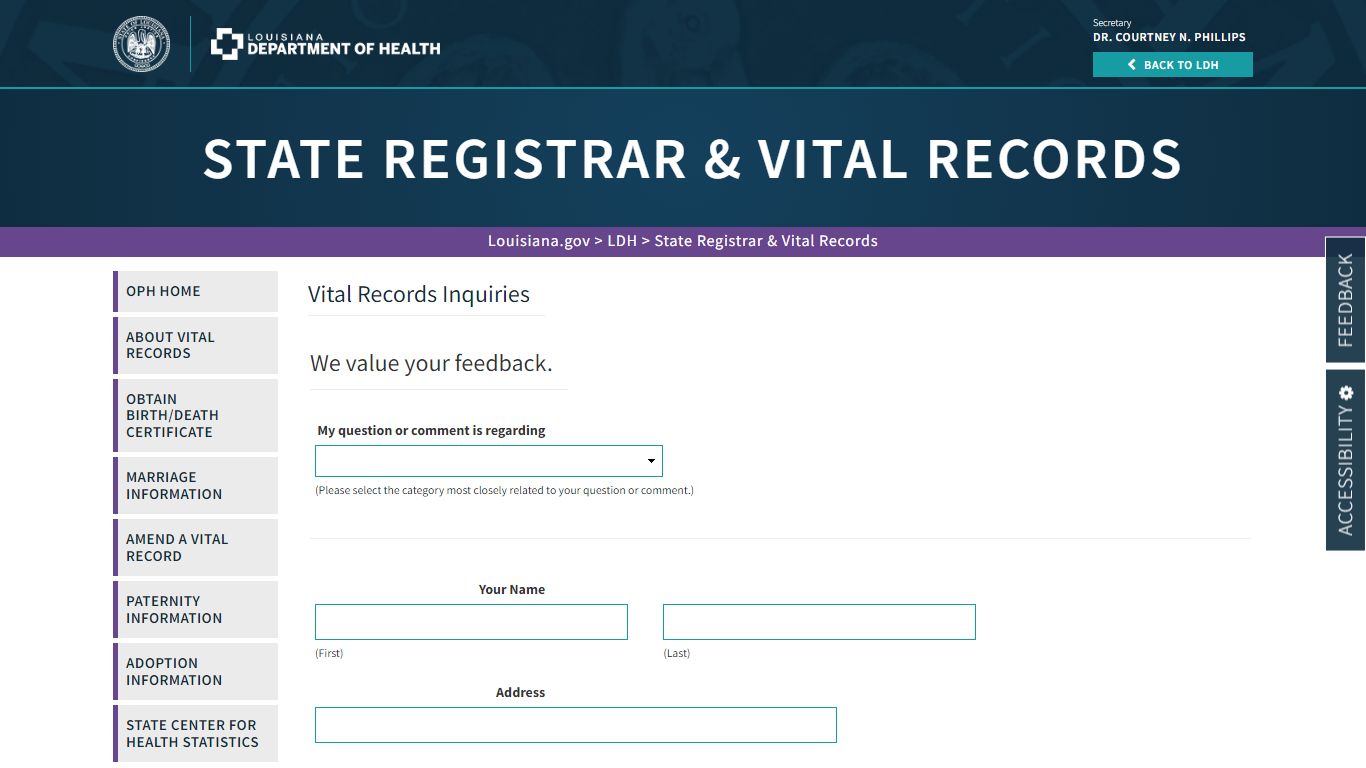 Vital Records Inquiries | La Dept. of Health